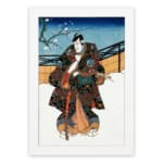 Vintage Japanese warrior in snowy landscape with rich colors, traditional robe details, and floral vintage art elements. hung on the wall