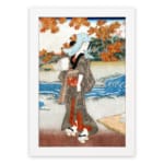 Vintage Japanese wall art with a woman in a kimono near a river, detailed autumn leaves, and a serene landscape in classic Ukiyo-e style hung on the wall