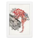 Vintage horror wall art of a red phantom with spiky hair over a black coffin, featuring a traditional Asian style with bold red, black, and white tones. hung on the wall