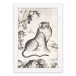 Vintage Asian tiger painting in black and white, featuring bold stripes, expressive eyes, and a natural background with trees and mountains, hung on the wall