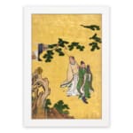 Vintage Asian wall art with two figures in traditional robes under a pine tree, set against a golden background with delicate brushwork. hung on the wall