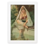 Vintage wall art of a woman sitting by a peaceful pool, surrounded by tropical plants, wearing traditional attire with a headscarf and jewelry. hung on the wall