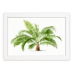 Vintage wall art with a detailed green palm plant in a white frame, featuring bright green leaves and a white background for a fresh, elegant look. hung on the wall
