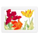 Vintage floral wall art with red, orange, and yellow tulips, green leaves, and a white frame on a white background. hung on the wall