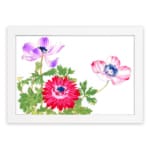 Vintage floral wall art featuring red, pink, and purple flowers with green leaves, framed in white for a classic finish. hung on the wall