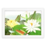 Vintage floral wall art with water lilies and green leaves, framed in white for a classic and elegant touch. hung on the wall