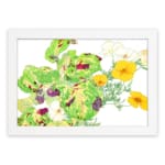 Vintage floral wall art with yellow flowers, green leaves, and a white frame on a white background. hung on the wall