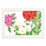 Infidu vintage floral wall art with pink, white, and red flowers, green leaves, and a white frame. hung on the wall