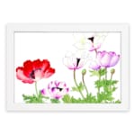 Vintage floral wall art with red, purple & white flowers, green leaves, and a white frame on a white background. hung on the wall