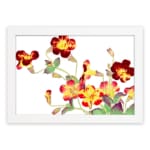Vintage floral wall art with red, yellow, and orange flowers, green leaves, and a white frame on a white background. hung on the wall