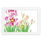Vintage floral wall art with pink, yellow, and cream flowers and green leaves, framed in white. hung on the wall