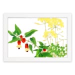 Vintage floral wall art featuring red and yellow flowers with green leaves on a white background, framed in white for a classic and elegant look. hung on the wall