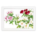 Infidu Vintage Floral Wall Art with white, pink, and red flowers, green leaves, and a white frame on a white background. hung on the wall