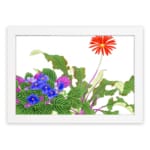 Vintage floral wall art featuring red, blue, and purple flowers with green leaves on a white background, framed in white for a classic look. hung on the wall