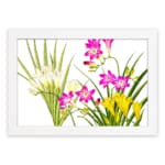 Infidu Vintage Floral Wall Art with pink, yellow & white flowers, green leaves, and a white frame on a white background. hung on the wall
