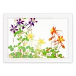 Infidu Vintage Floral Wall Art with purple, yellow, and orange flowers, green leaves, and a white frame on a white background. hung on the wall