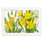 Infidu Vintage Floral Wall Art with bright orange flowers, dark green leaves, and a white frame on a white background. hung on the wall