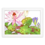 Vintage floral wall art with a pink water lily, purple flowers, and green leaves on a white background, framed in white for a classic look. hung on the wall