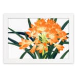 Infidu Vintage Floral Wall Art with bright orange flowers, yellow centers, dark green leaves, and a white frame on a white background. hung on the wall