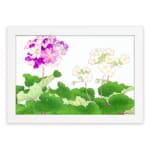 Infidu Vintage Floral Wall Art with pink, purple, and white flowers surrounded by green leaves on a white background, framed in white. hung on the wall
