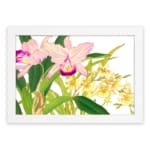 Vintage floral wall art with pink and yellow flowers, green leaves, and a white frame on a white background. hung on the wall