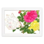 Vintage floral wall art with pink, yellow, and white roses, green leaves, and a white frame on a white background. hung on the wall