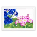 Infidu Vintage Floral Wall Art with deep blue and pink flowers, bright green leaves, a white background, and a white frame for a classic touch. hung on the wall