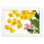 Infidu Vintage Floral Wall Art with yellow and pink flowers, green leaves, and a white frame on a white background. hung on the wall.