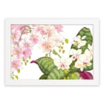Infidu vintage orchid wall art with pink and white orchids and green leaves, framed in wwhite for an elegant, timeless look. hung on the wall
