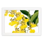 Vintage floral wall art with yellow flowers and green leaves in a white frame. hung on the wall