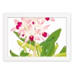 Vintage floral wall art with soft pink orchids, dark pink centers, green leaves, and a white frame on a white background. hung on the wall.