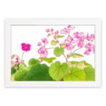 Infidu Vintage Floral Wall Art with pink flowers and green leaves on a white background, framed in white for a classic and elegant look. hung on the wall.
