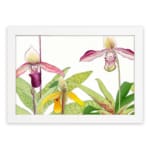 Vintage orchid wall art featuring purple, pink, and yellow flowers with green leaves on a white background. hung on the wall on a white background