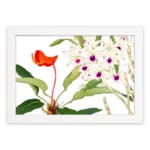 Infidu Vintage Floral Wall Art with white flowers, purple centers, and an orange flower, set against a white background with green leaves. hung on the wall on a white background