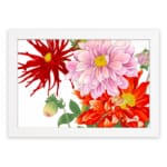 Vintage floral wall art with red, pink, and orange flowers, green leaves, and a white frame on a white background. hung on the wall