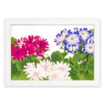 Vintage floral wall art with pink, white, and blue flowers surrounded by green leaves on a white background, framed in white for an elegant look. hung on the wall