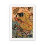 Infidu vintage wall art featuring a traditional Japanese figure in intricate, colorful attire holding a fan, with soft beige tones and flowing blue waves in the background. hung on the wall on a white background