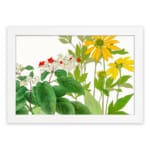 Infidu Vintage Floral Wall Art with yellow, red, and white flowers, green leaves, and a white frame on a white background. hung on the wall