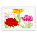 Infidu Vintage Floral Wall Art with red, pink, yellow, and white flowers, green leaves, and a white frame on a white background. hung on the wall.