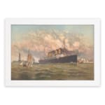 Vintage maritime wall art featuring a large ship, lighthouse, and sailboats on the ocean with a classic nautical theme and elegant white frame. hung on the wall
