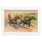 Vintage horse racing wall art with jockeys riding on a dirt track, surrounded by a countryside landscape with a farmhouse, framed in white. hung on the wall