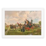 Vintage wall art with a horse-drawn carriage, people, green fields, and a soft blue sky. A historical countryside scene framed in white hung on the wall