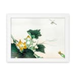 Infidu vintage wall art featuring a detailed botanical design with green leaves, bright yellow flowers, and a delicate dragonfly hovering above, set against a light background. hung on the wall on a white background