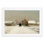 Vintage winter wall art with a snowy village, stone houses, and a black horse-drawn carriage on a snow-covered road, framed in white. hung on the wall