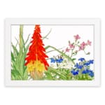 Infidu Vintage Botanical Wall Art with red, yellow, pink, and blue flowers, green leaves, and white background, creating a fresh and elegant look. hung on the wall on a white background