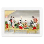 Vintage Japanese wall art with geishas in a tea ceremony, featuring red, white, black, and green tones in a serene outdoor setting with a white frame. hung on the wall