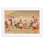 Vintage Japanese wall art with elegantly dressed kimono women in red, white, and beige tones, set in a calm scene with a soft beige background. hung on the wall