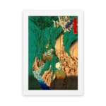Vintage Asian-style mountain wall art with bold green hills, waterfalls, trees, and a traditional red stamp. hung on the wall