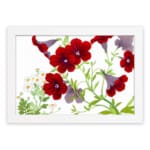 Vintage floral wall art with red and purple trumpet flowers, green leaves, and a white frame on a white background. hung on the wall