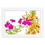 Infidu Vintage Floral Wall Art with bright pink and yellow-orange flowers, green leaves, and a white frame on a white background. hung on the wall